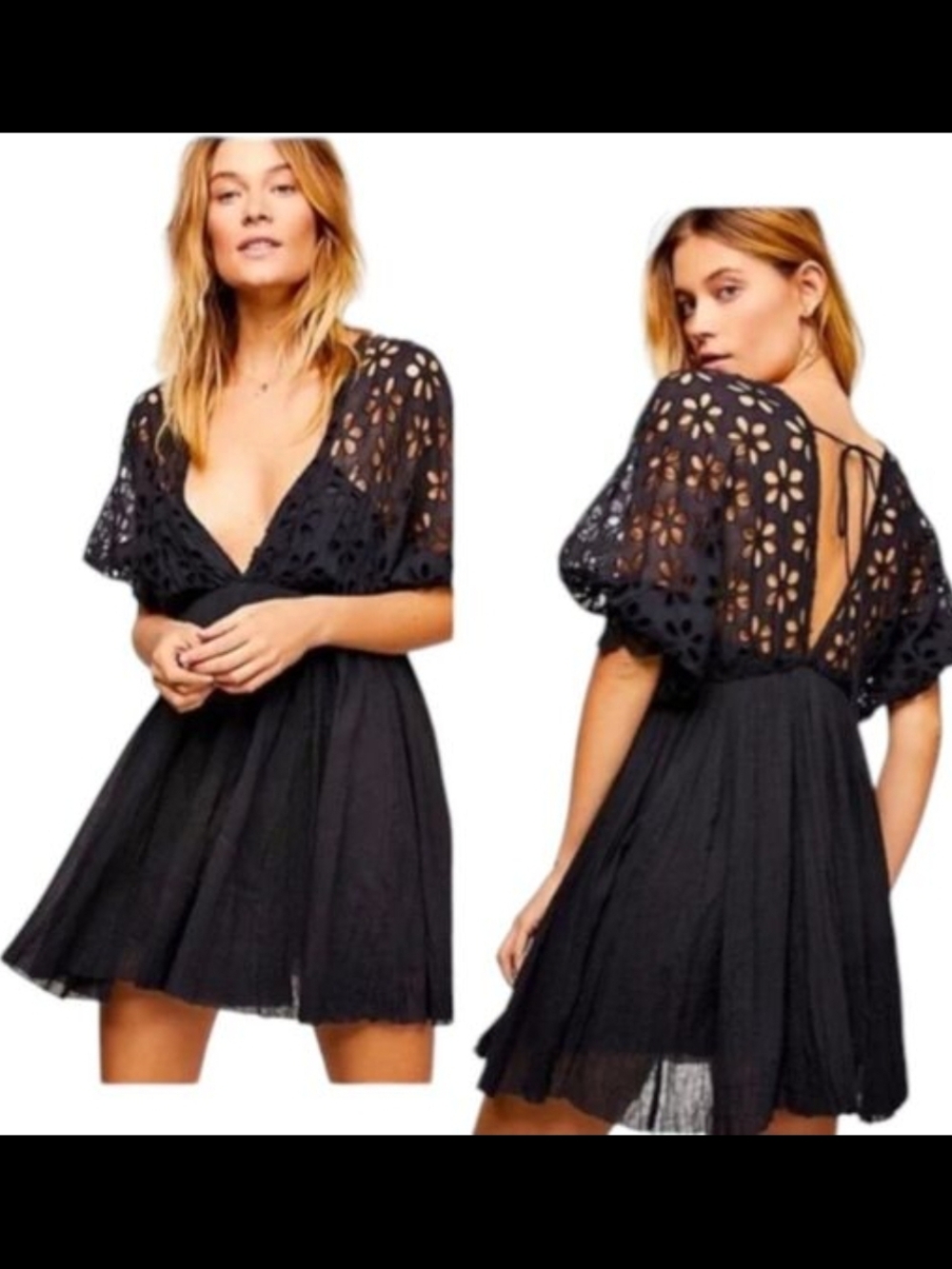 Free People Black Eyelet Mini Dress with Puff Sleeves